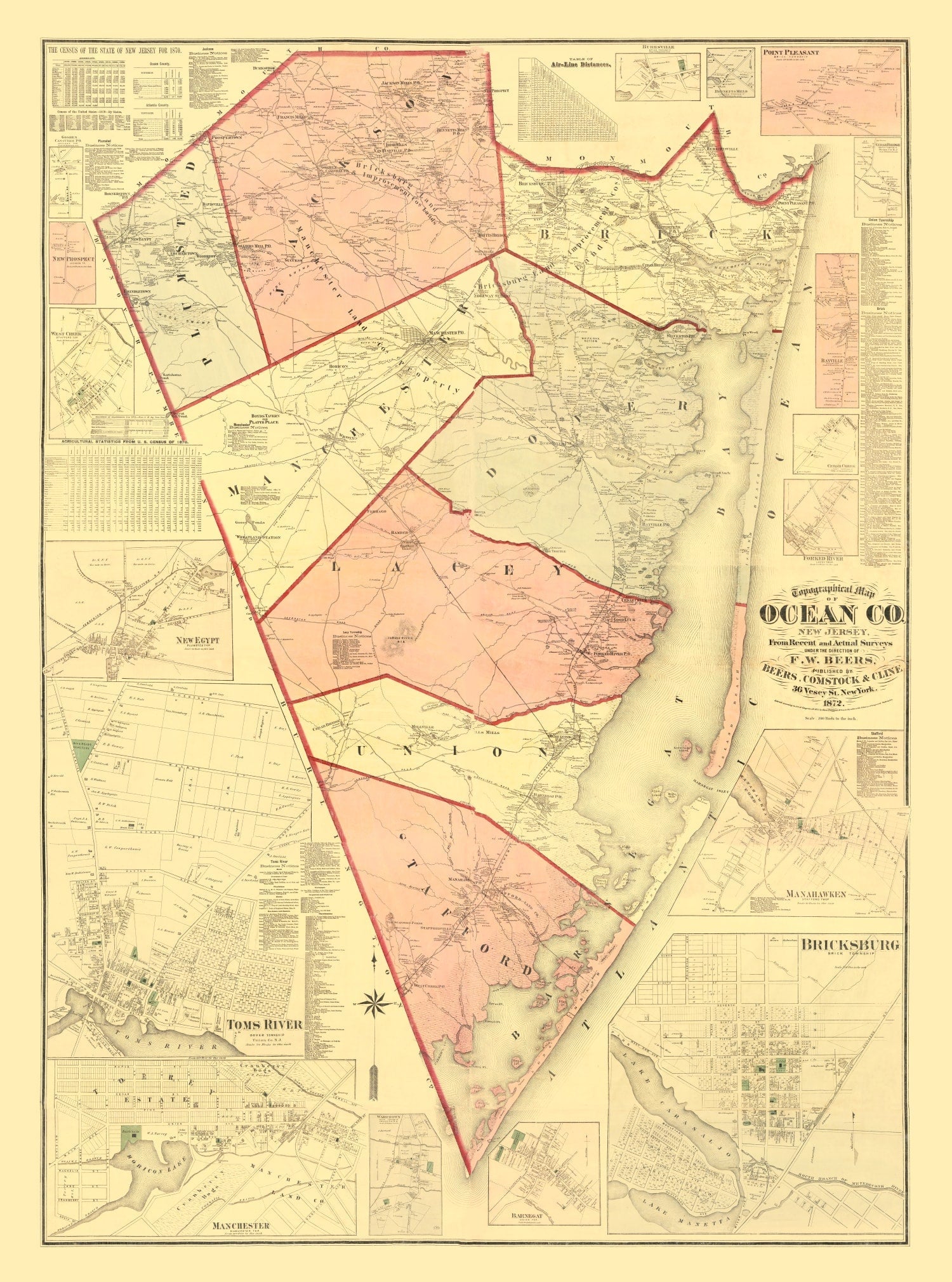 Vintage Map of Ocean County, New Jersey 1872