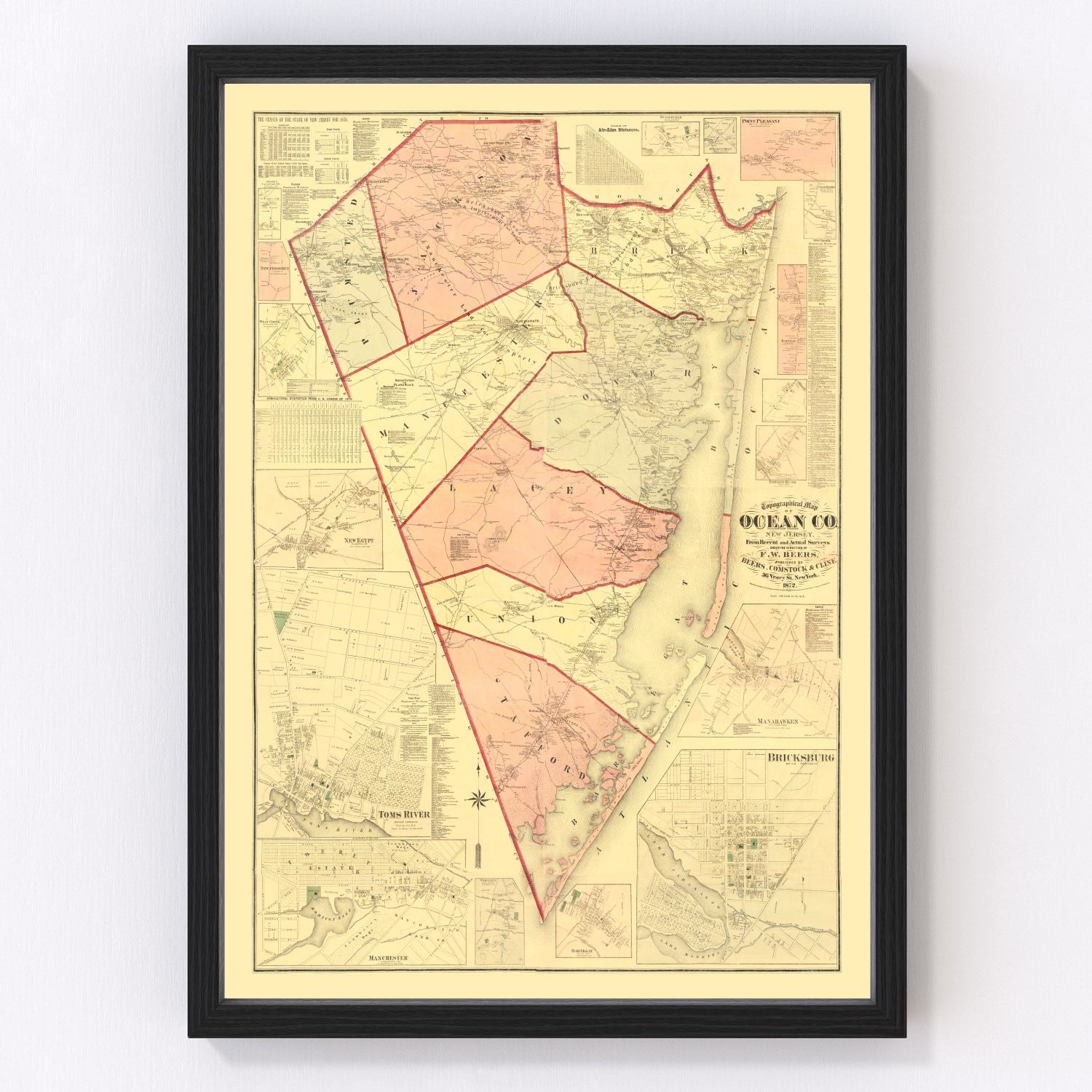 Vintage Map of Ocean County, New Jersey 1872