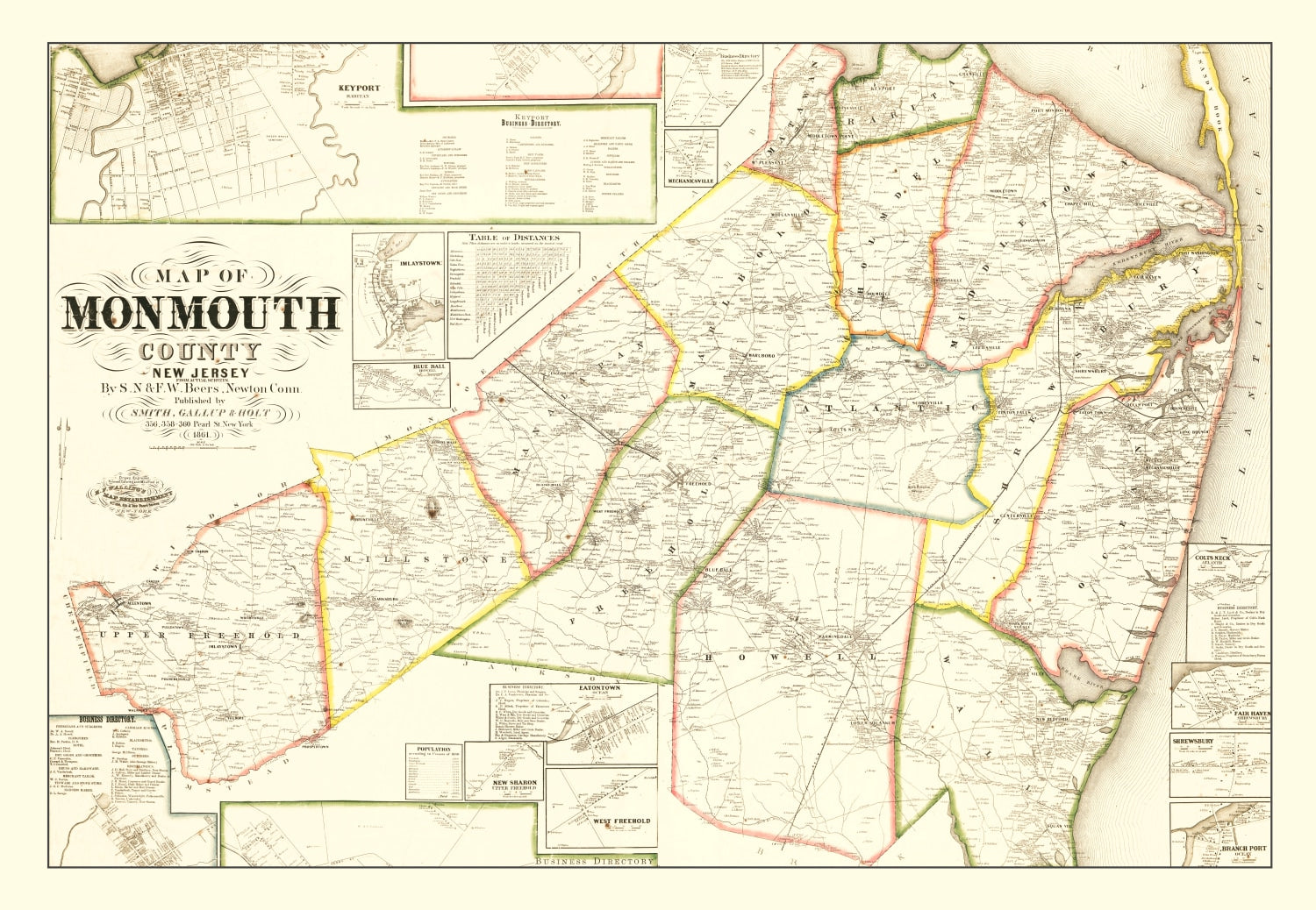 Vintage Map of Monmouth County, New Jersey 1861