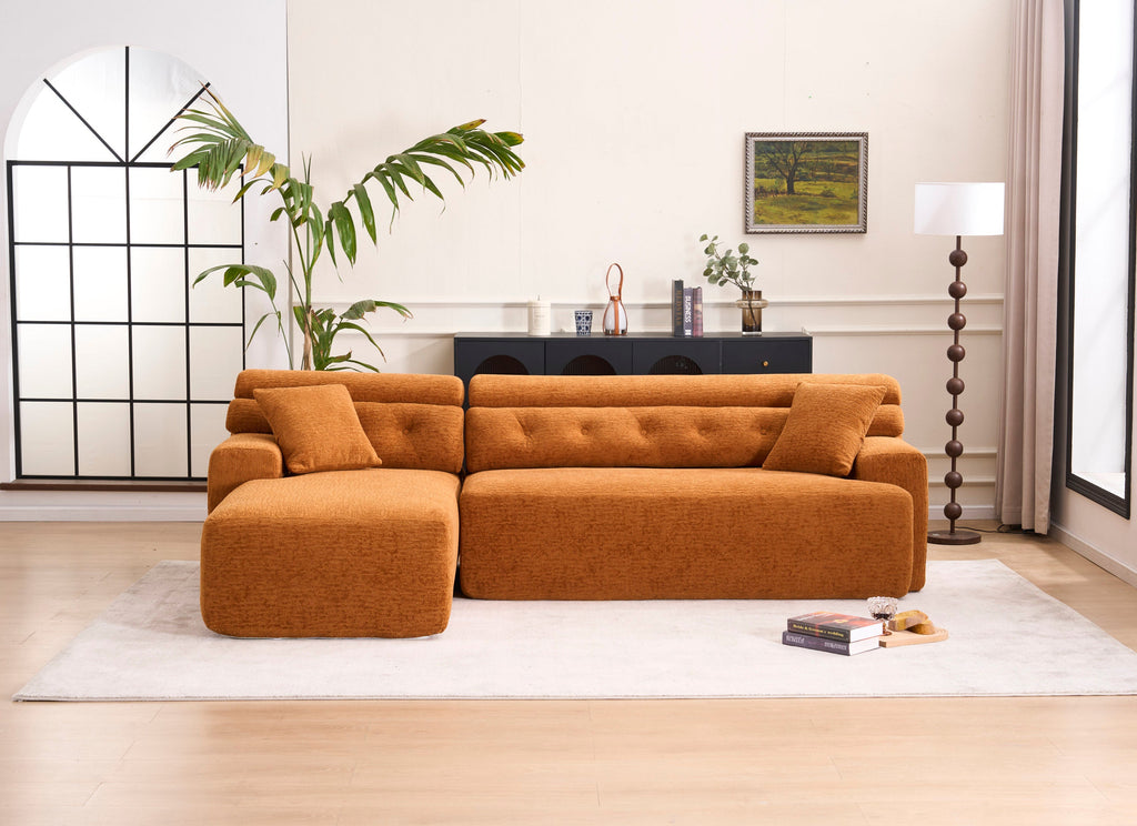 LY-029B Convertible Chaise Sectional Sofa, Full Compression Sponge Modular Couch for Apartment Living Room,Orange 3-Seater with Wood Grain Chenille, 2 Pillows Included, 86'L