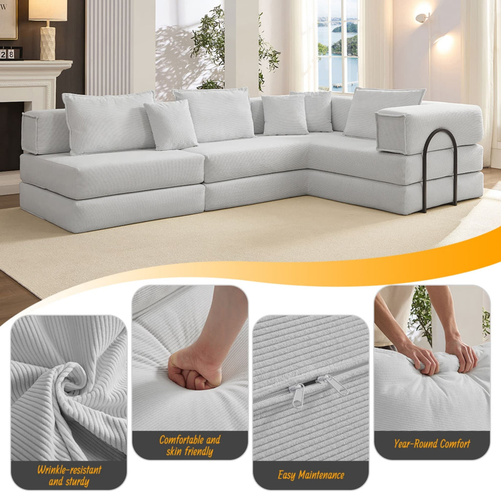 Oversized Upholstered Sectional Sofa Couch Set, Modular 118.2 ' L Shaped Floor Living Room Sofa Set With 6 Pillows, DIY Combination Sofa Couch for living rooms, apartments,bedrooms, White