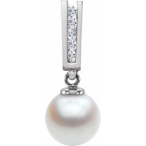 14K White Gold Cultured White Akoya Pearl & .06 CTW Natural Diamond Pendant