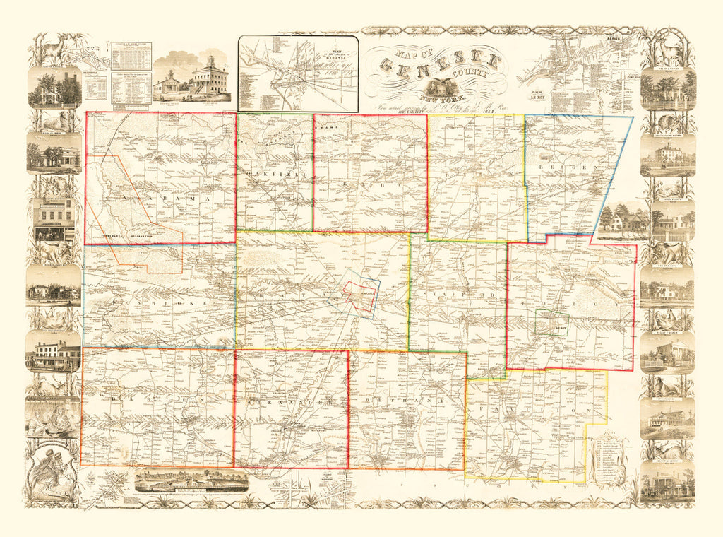 Vintage Map of Genesee County, New York 1854