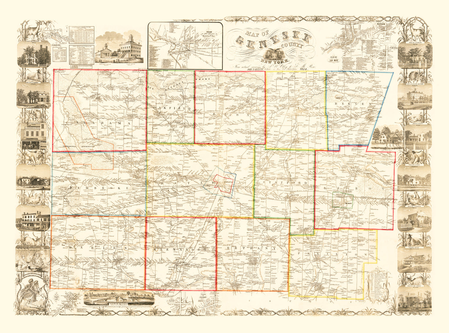Vintage Map of Genesee County, New York 1854