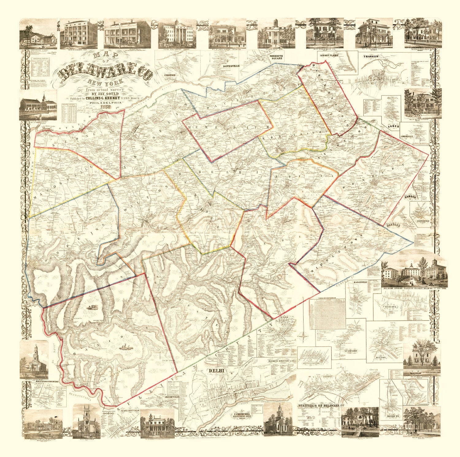 Vintage Map of Delaware County, New York 1856