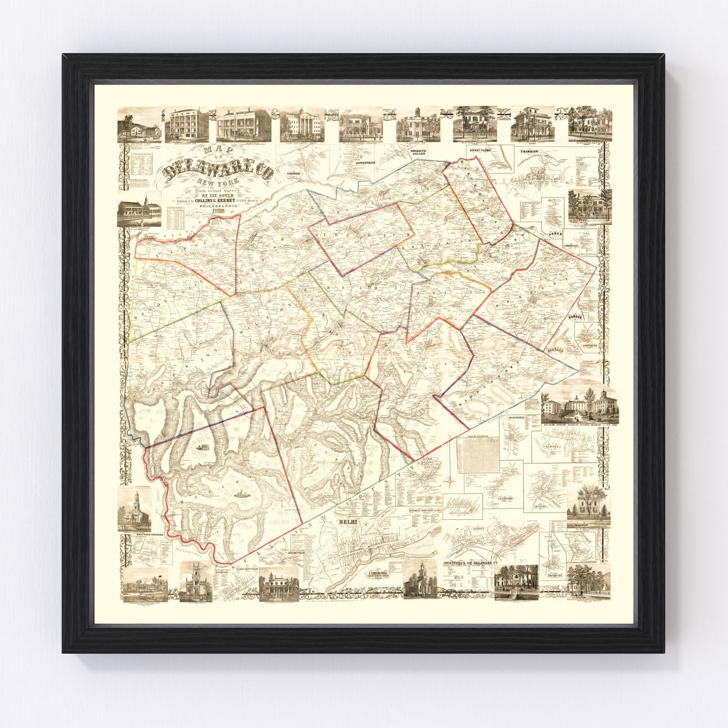 Vintage Map of Delaware County, New York 1856