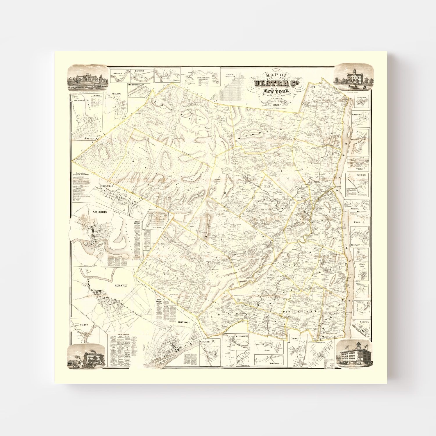 Vintage Map of Ulster County, New York 1858