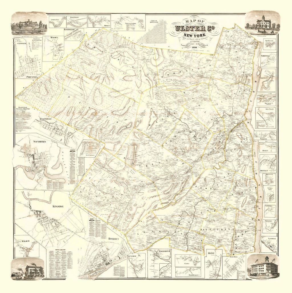 Vintage Map of Ulster County, New York 1858