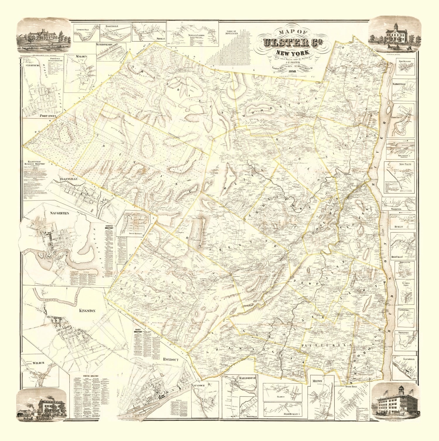 Vintage Map of Ulster County, New York 1858