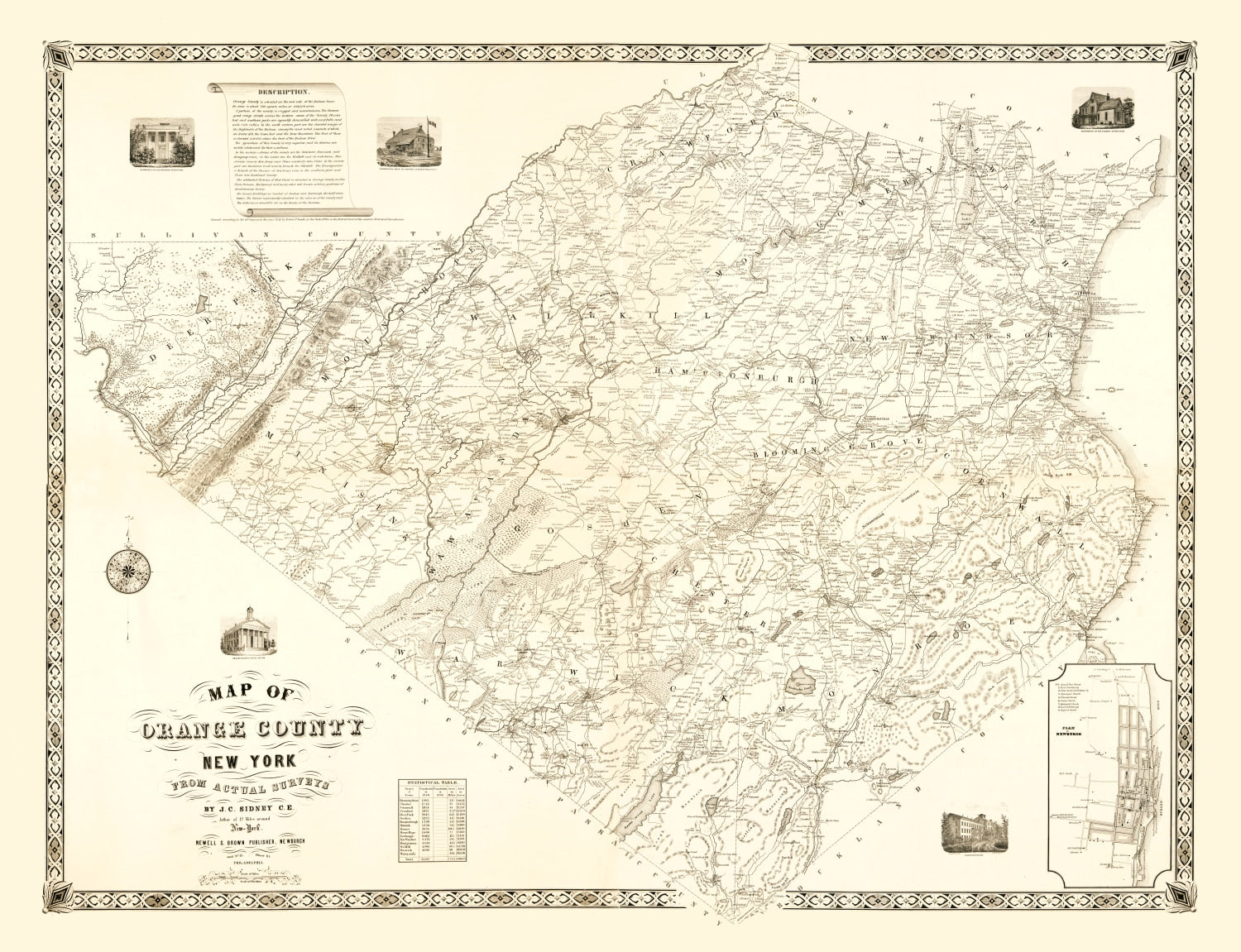 Vintage Map of Orange County, New York 1851