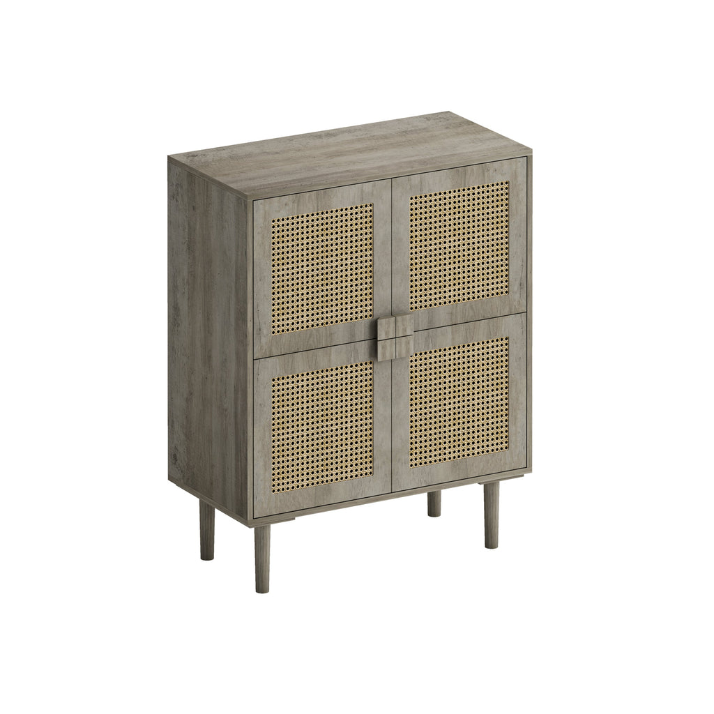 4-Doors Rattan Mesh Storage Cabinet, Sideboard with Eight Storage Spaces, for Entryway, Living Room, Hallway (Grey with Woodgrain)