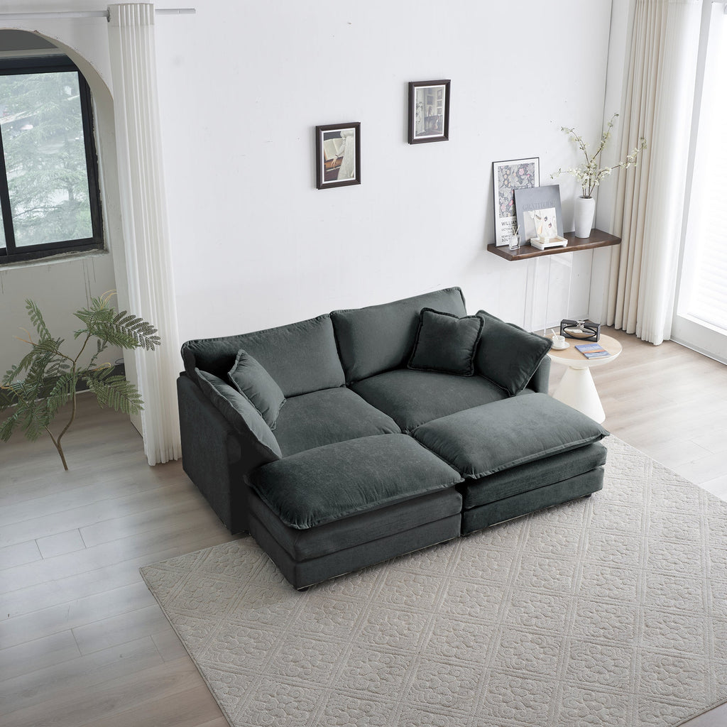 4 - Piece Upholstered Sectional Sofa, 1 - Piece of 2 Seater Sofa and 2- Piece of Ottomans , 2 Seater Loveseat Lounge with Ottomans , Gray Chenille