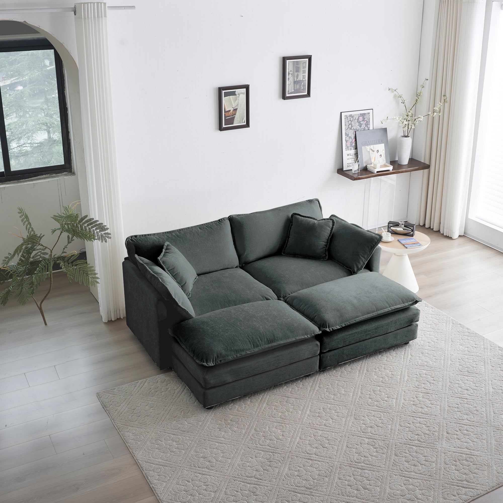 4 - Piece Upholstered Sectional Sofa, 1 - Piece of 2 Seater Sofa and 2- Piece of Ottomans , 2 Seater Loveseat Lounge with Ottomans , Gray Chenille