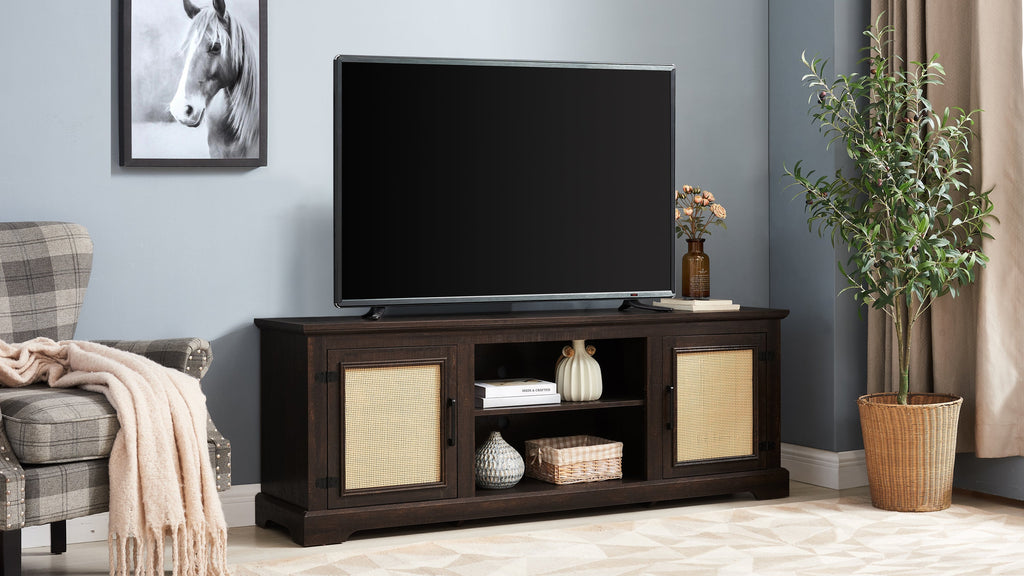 Farmhouse Rattan TV Stand Console Table for TVs up to 70 Inches, TV Console Table with 2 Storage Shelves, 2 Natural Rattan Door Cabinets, 65'W*15.55'D*23.86'H, Espresso