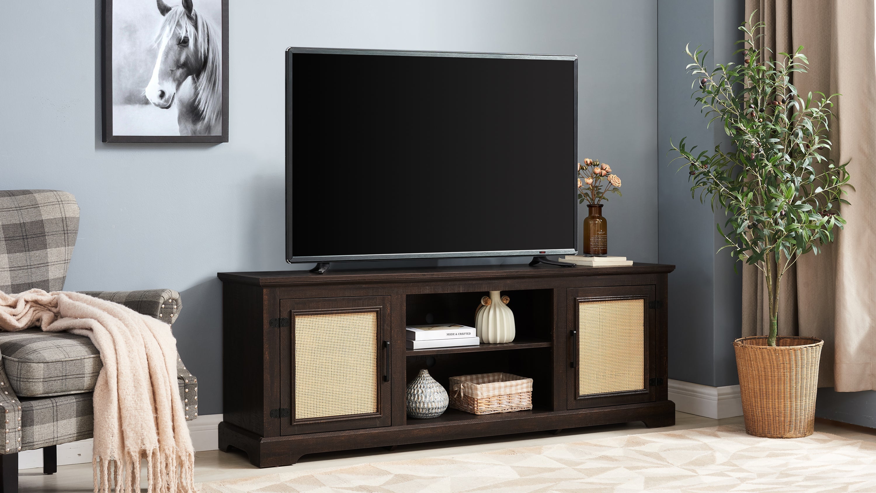 Farmhouse Rattan TV Stand Console Table for TVs up to 70 Inches, TV Console Table with 2 Storage Shelves, 2 Natural Rattan Door Cabinets, 65'W*15.55'D*23.86'H, Espresso