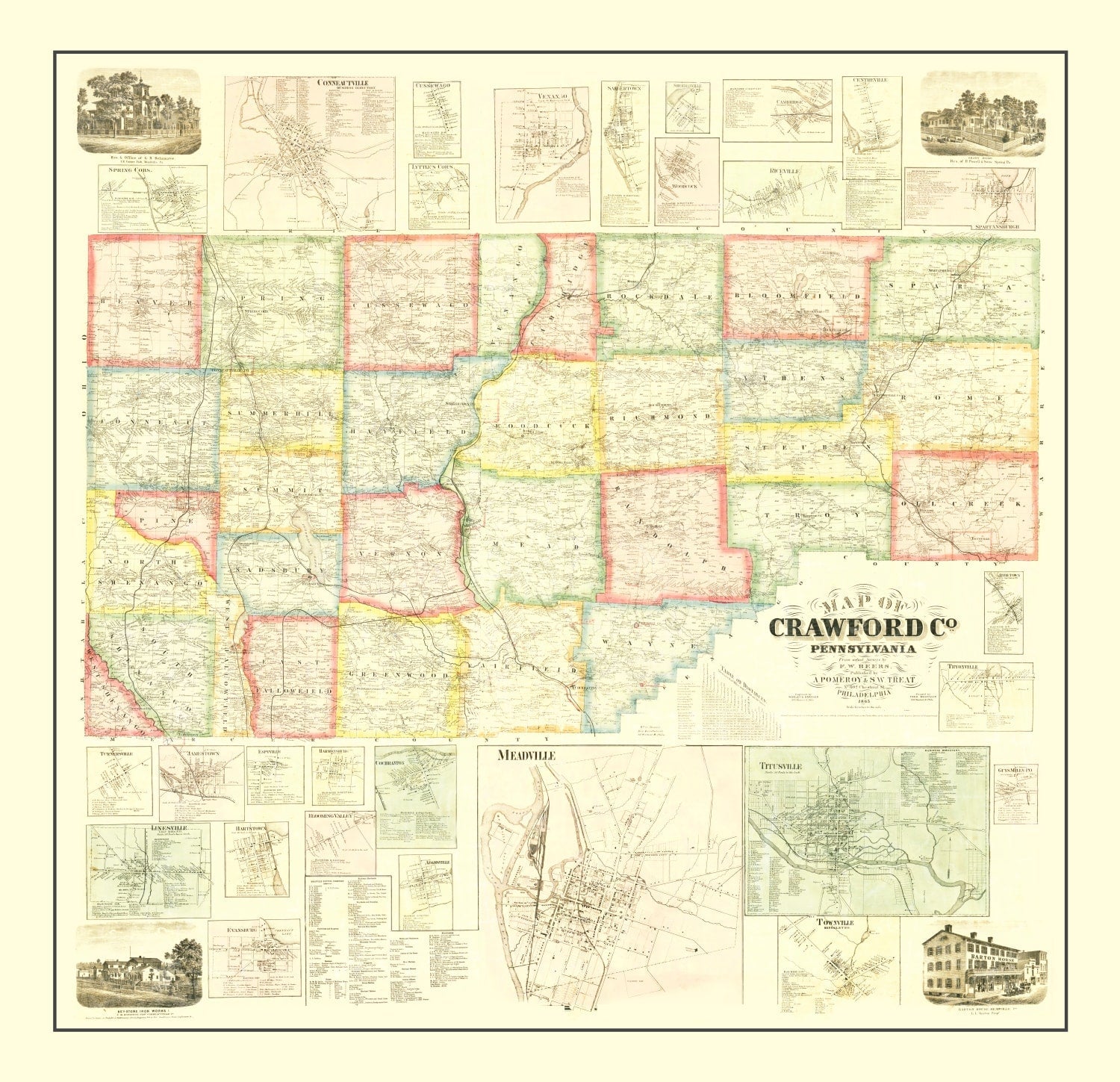 Vintage Map of Crawford County, Pennsylvania 1865