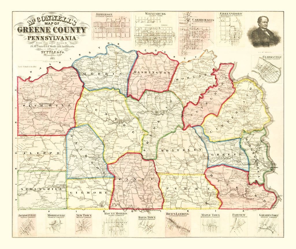 Vintage Map of Greene County, Pennsylvania 1865