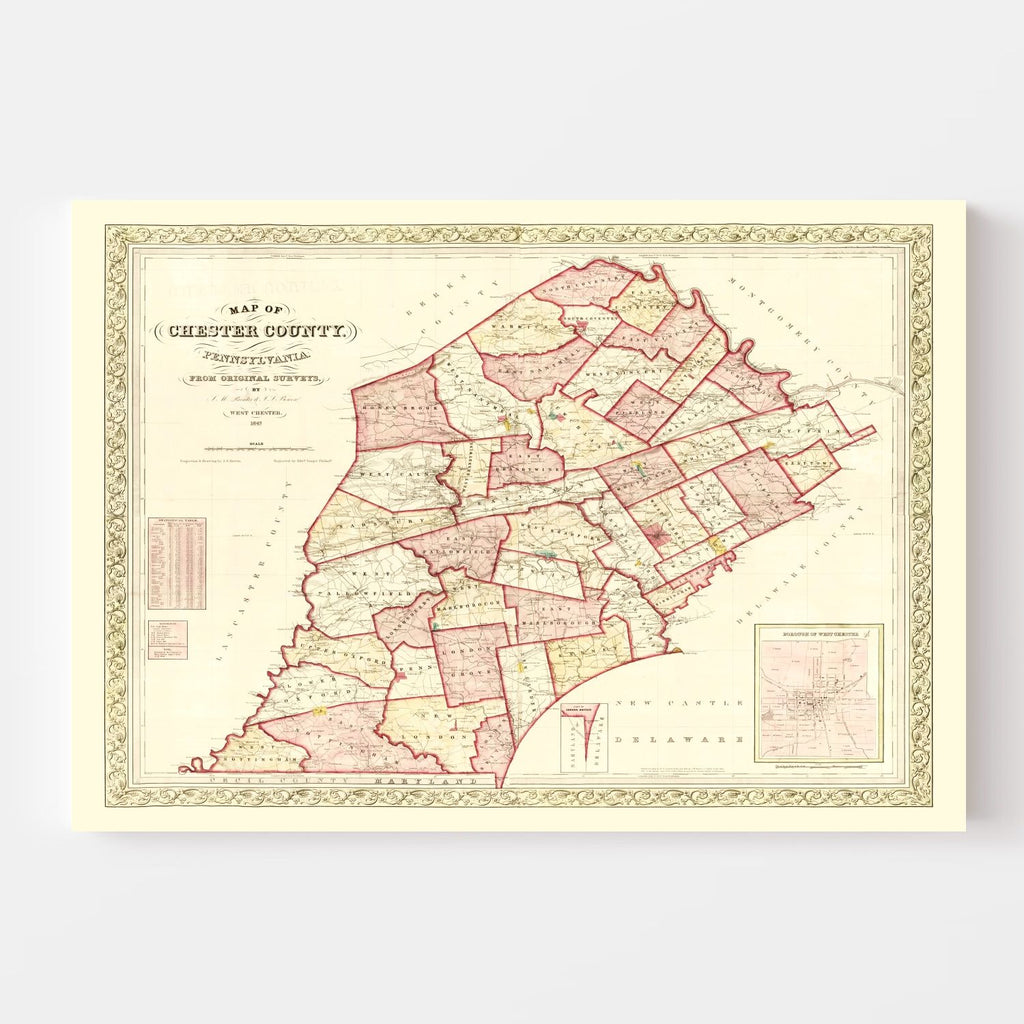 Vintage Map of Chester County, Pennsylvania 1847
