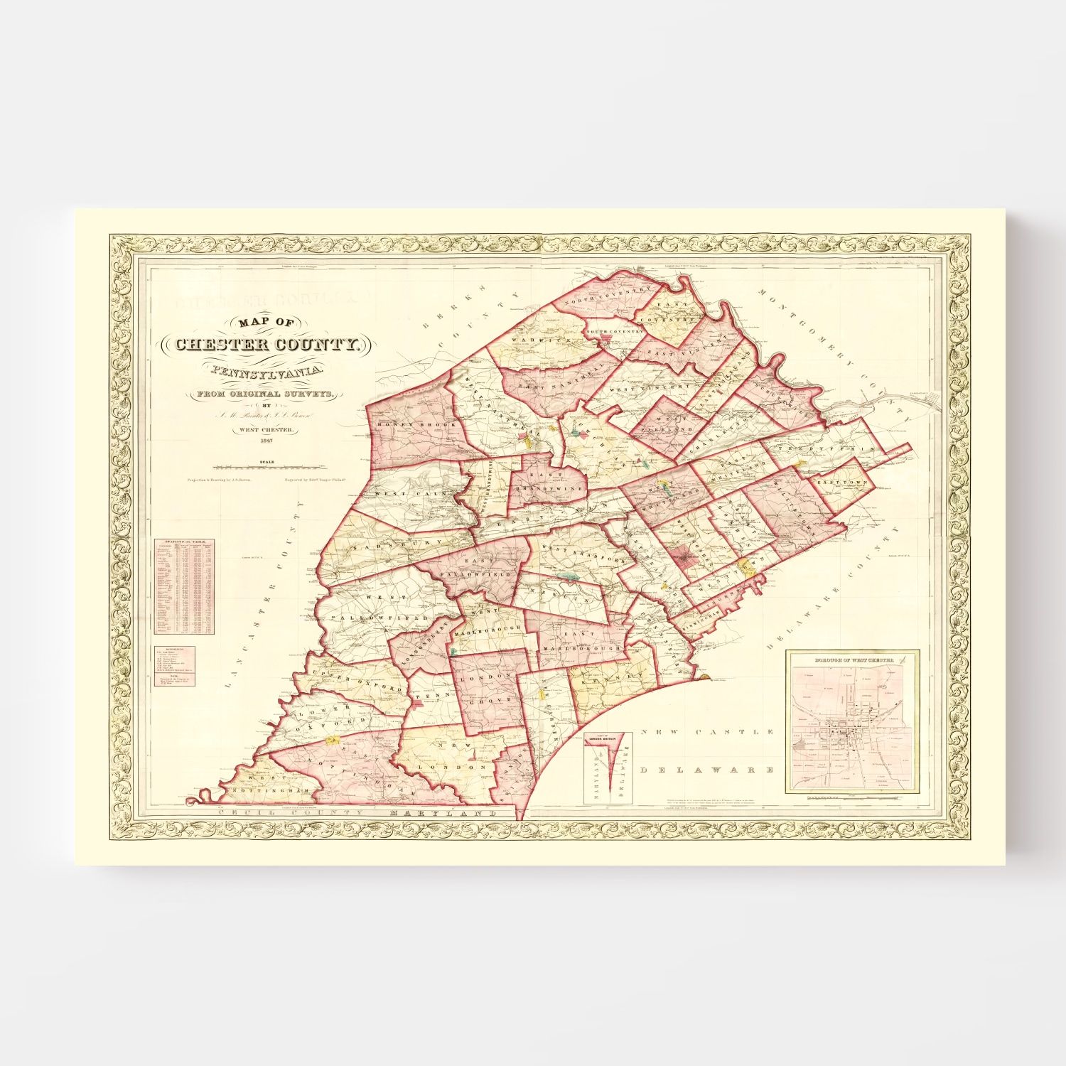 Vintage Map of Chester County, Pennsylvania 1847