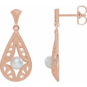 14K Rose Gold Cultured White Freshwater Pearl Vintage-Inspired Earrings