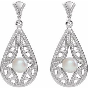 14K White Gold Cultured White Freshwater Pearl Vintage-Inspired Earrings