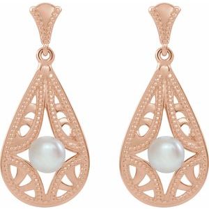 14K Rose Gold Cultured White Freshwater Pearl Vintage-Inspired Earrings