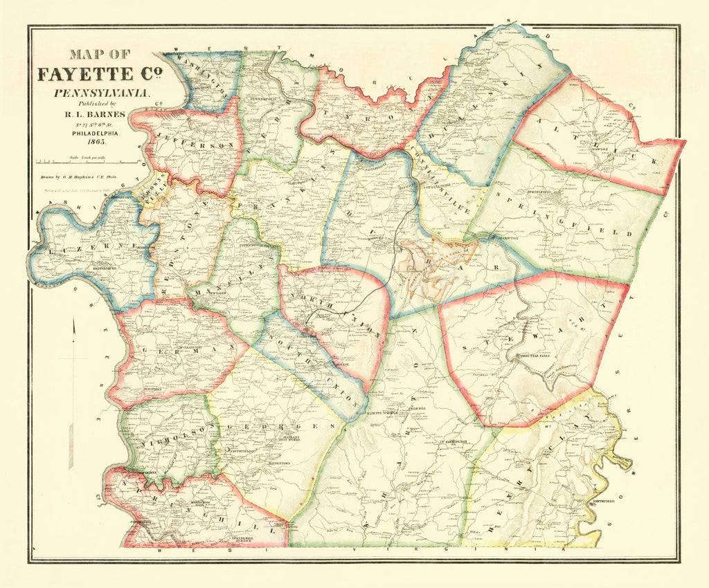 Vintage Map of Fayette County, Pennsylvania 1865