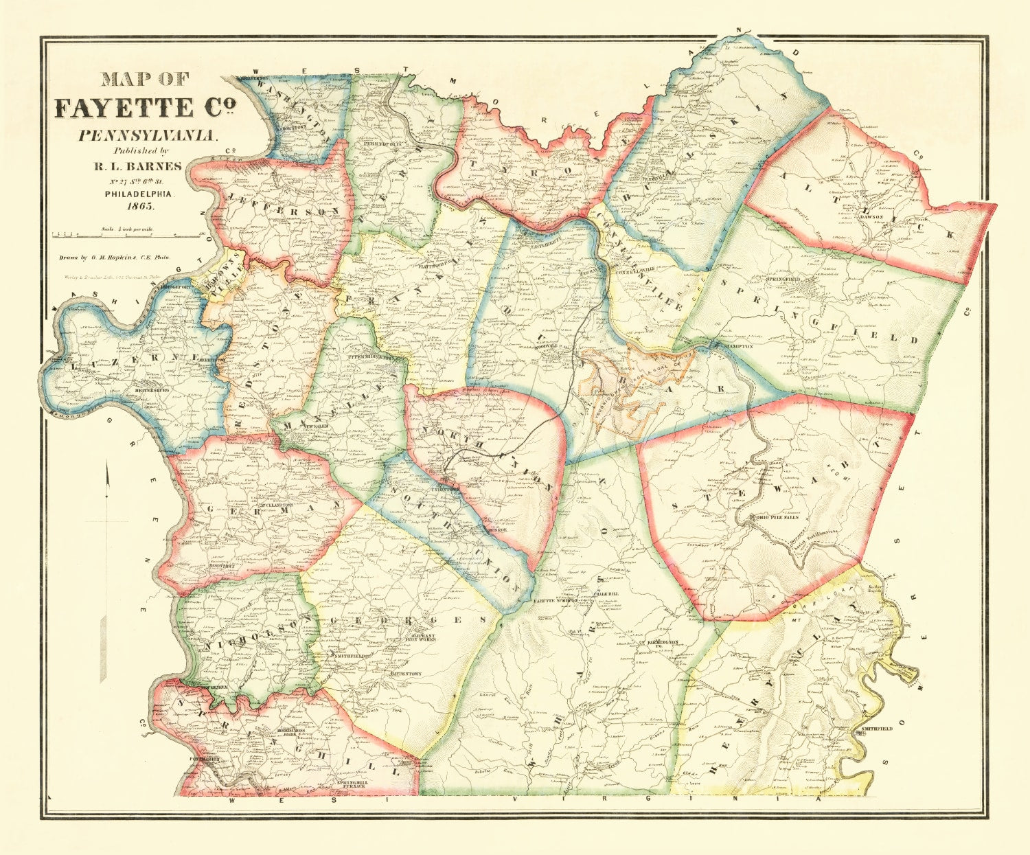 Vintage Map of Fayette County, Pennsylvania 1865