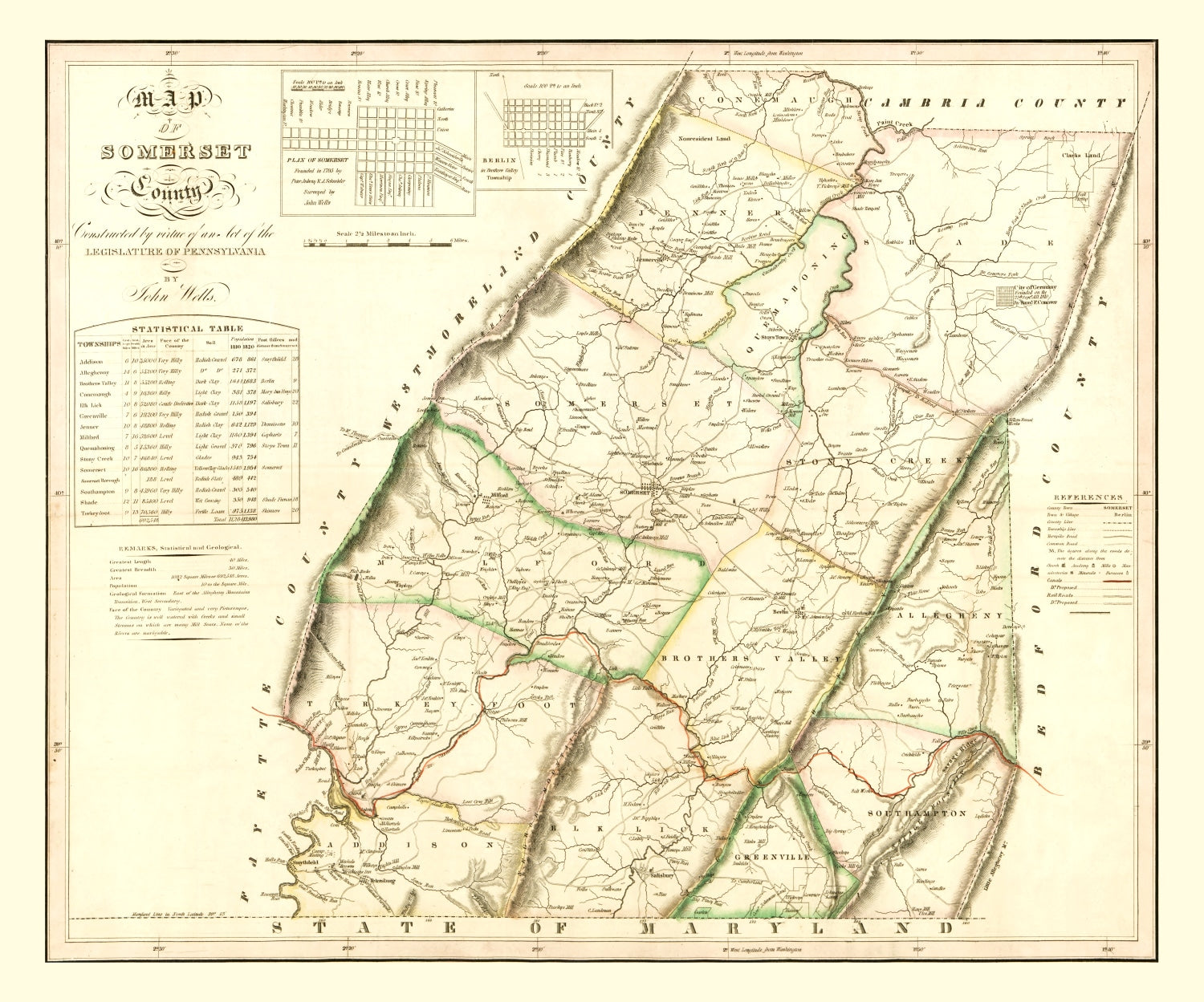 Vintage Map of Somerset County, Pennsylvania 1830