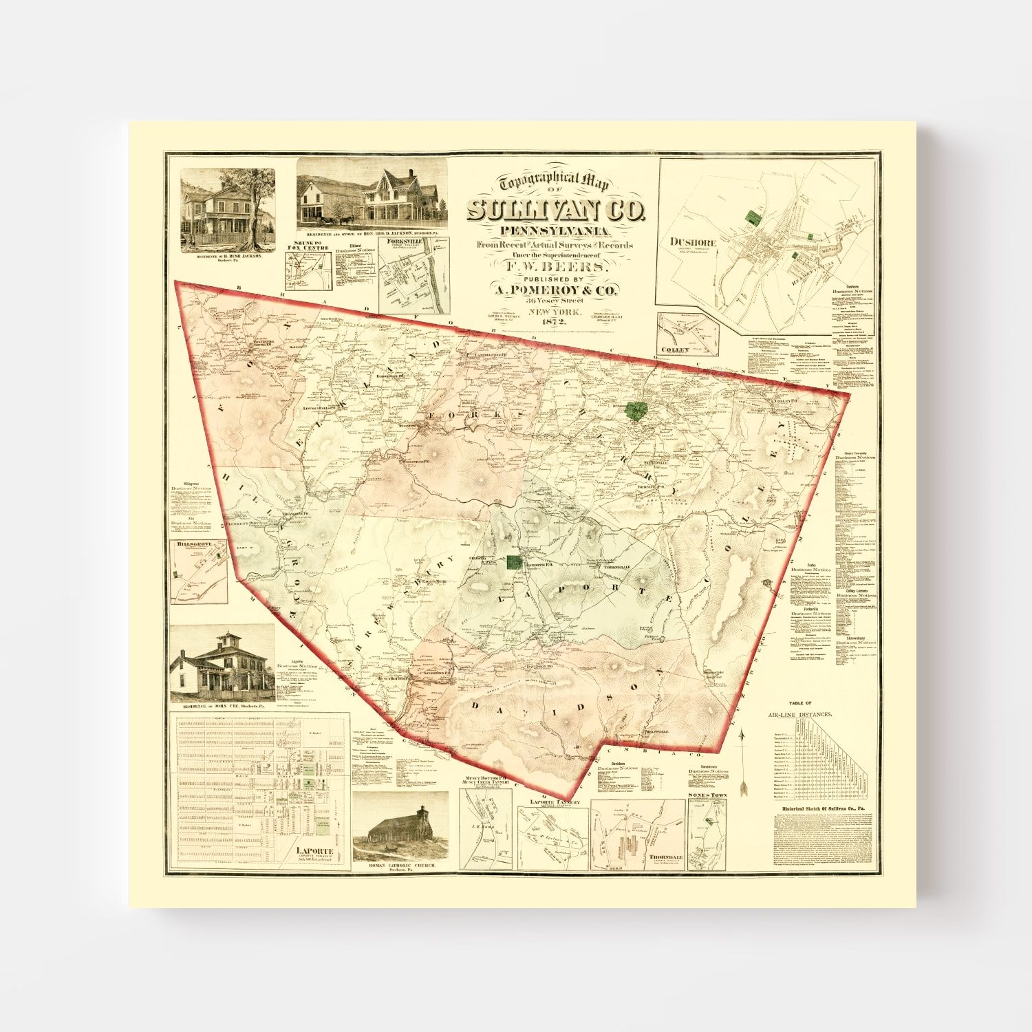 Vintage Map of Sullivan County, Pennsylvania 1872