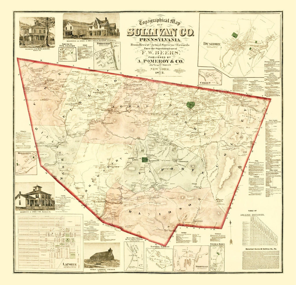 Vintage Map of Sullivan County, Pennsylvania 1872