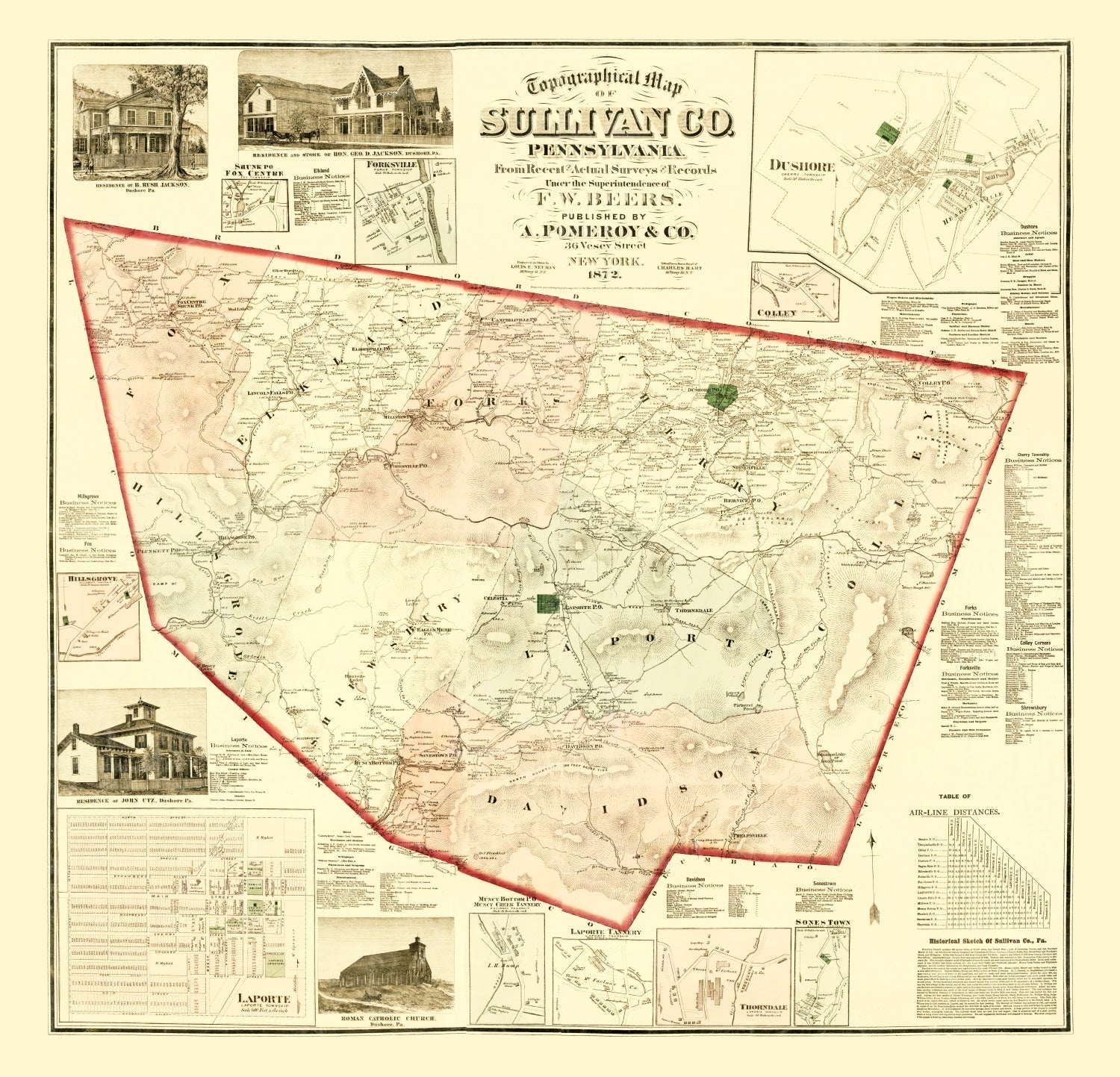 Vintage Map of Sullivan County, Pennsylvania 1872