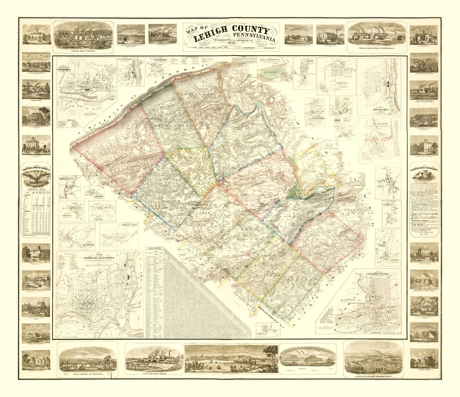 Vintage Map of Lehigh County, Pennsylvania 1862