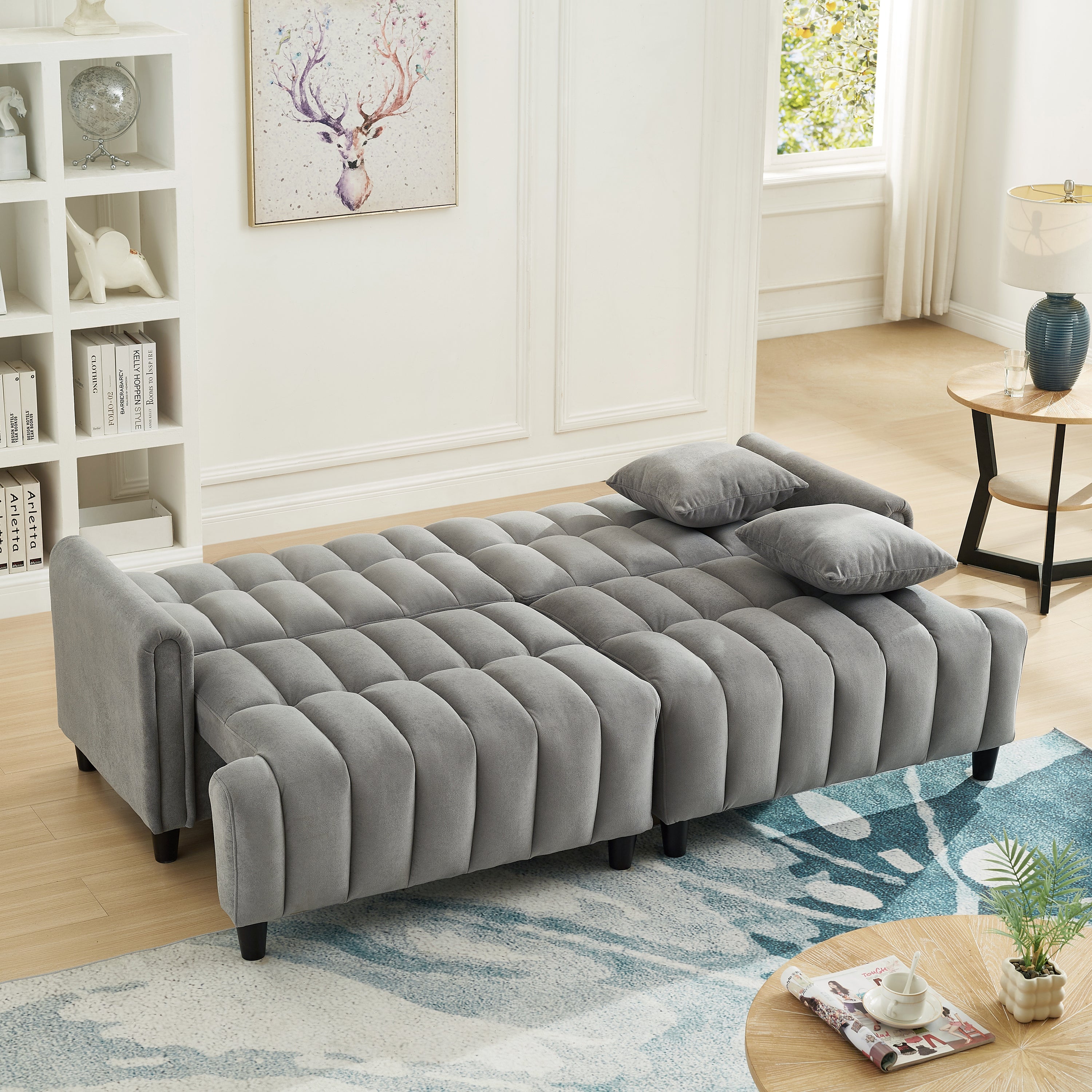 83'' Futon Sofa Bed, Polyester Fabric Comfy Futon Couch Bed with 2 Square Pillows, Convertible Sleeper Sofa with Adjustable Backrest,  Modern Loveseat Sleeper for Living Room, Gray