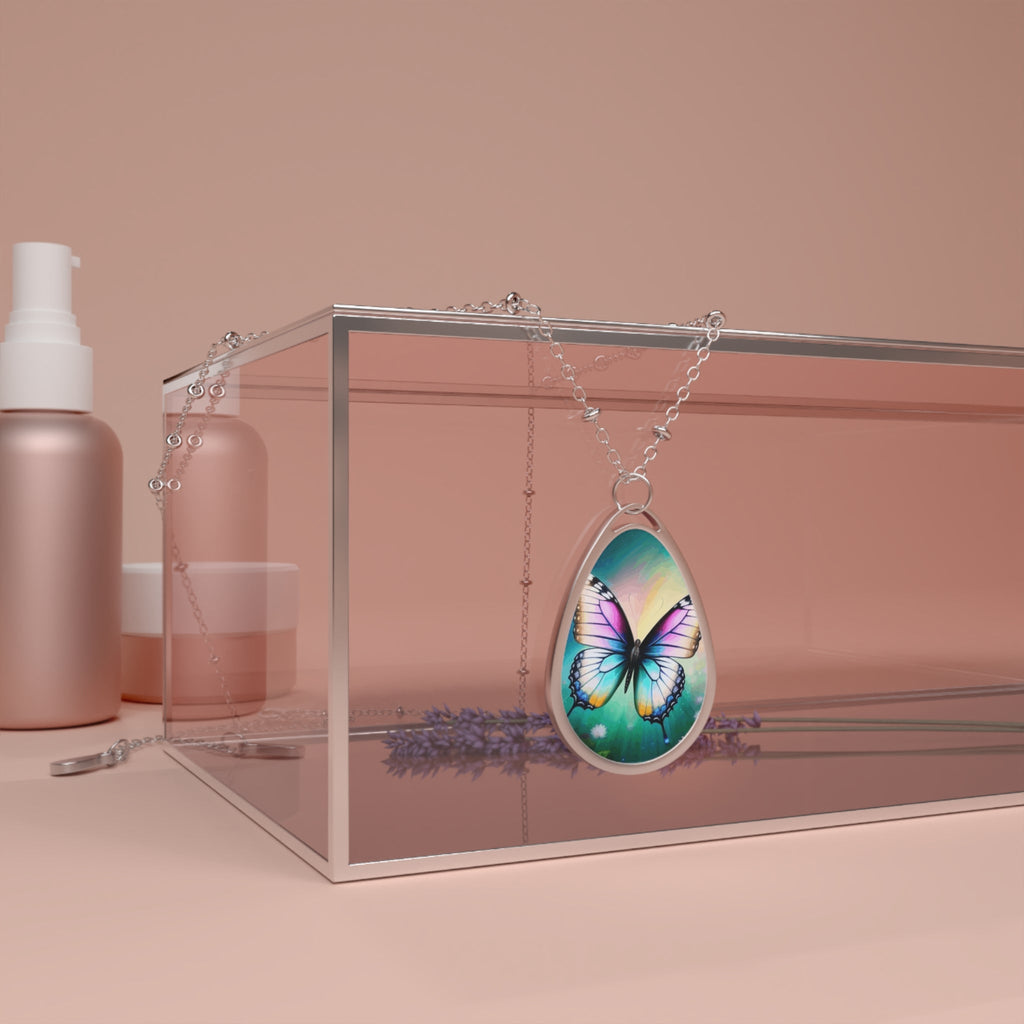 Beautiful Butterfly and Daisies Oval Necklace