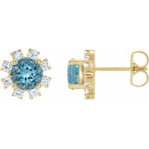 14K Yellow Gold Natural Blue Zircon & .06 CTW Natural Diamond Earrings