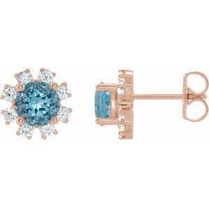 14K Rose Gold Natural Blue Zircon & 1/5 CTW Natural Diamond Earrings