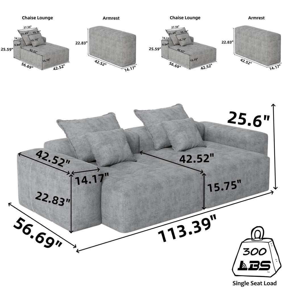 Modern Oversized Modular Sectional Sofa with 2 Chaise Lounge and 2 Armrest, Sparkling Chenille Fabric Soft Cushion Sofa with 4 Pillows, 4 PCS DIY Combination Tufted Sofa, No Assembly Required, BLACK