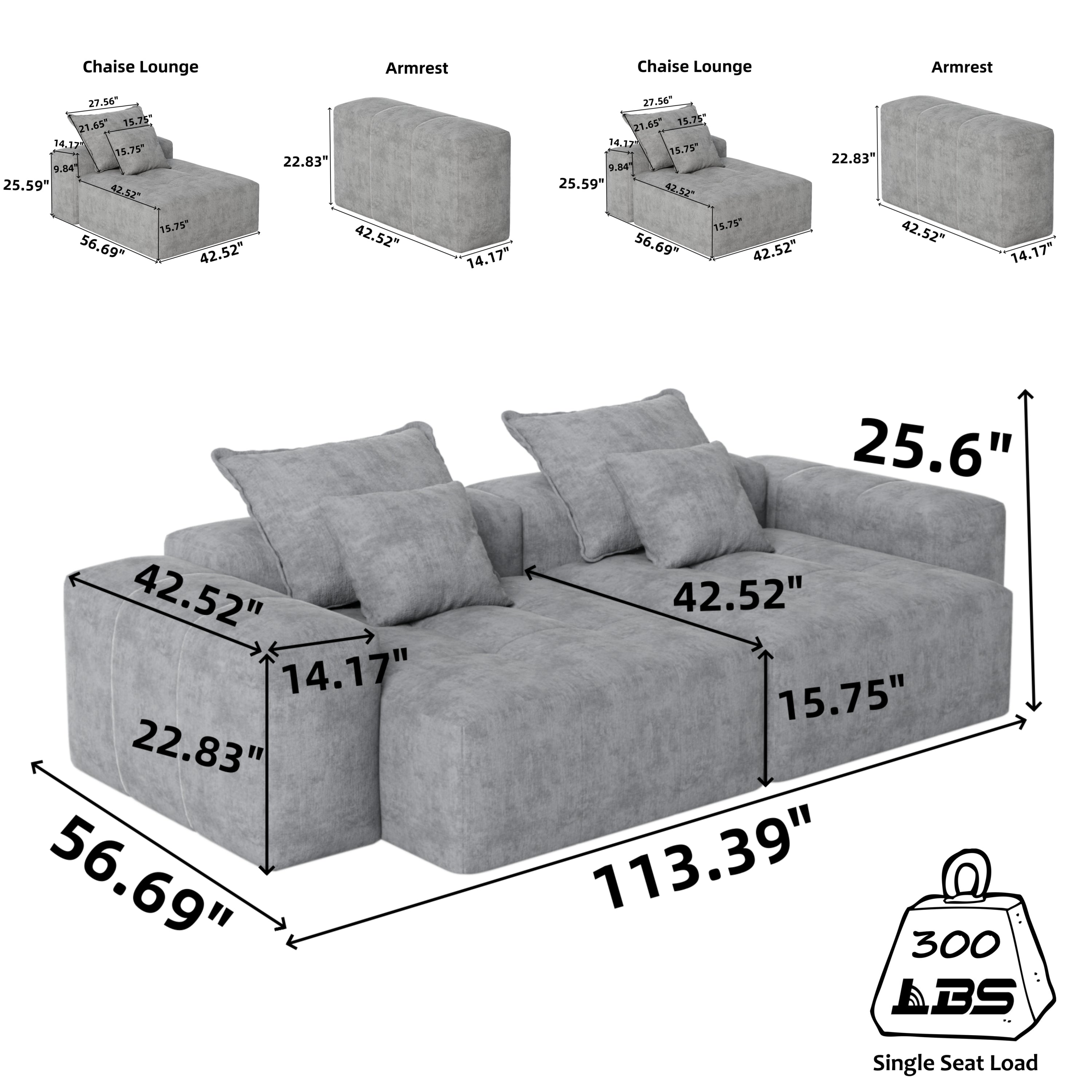 Modern Oversized Modular Sectional Sofa with 2 Chaise Lounge and 2 Armrest, Sparkling Chenille Fabric Soft Cushion Sofa with 4 Pillows, 4 PCS DIY Combination Tufted Sofa, No Assembly Required, BLACK