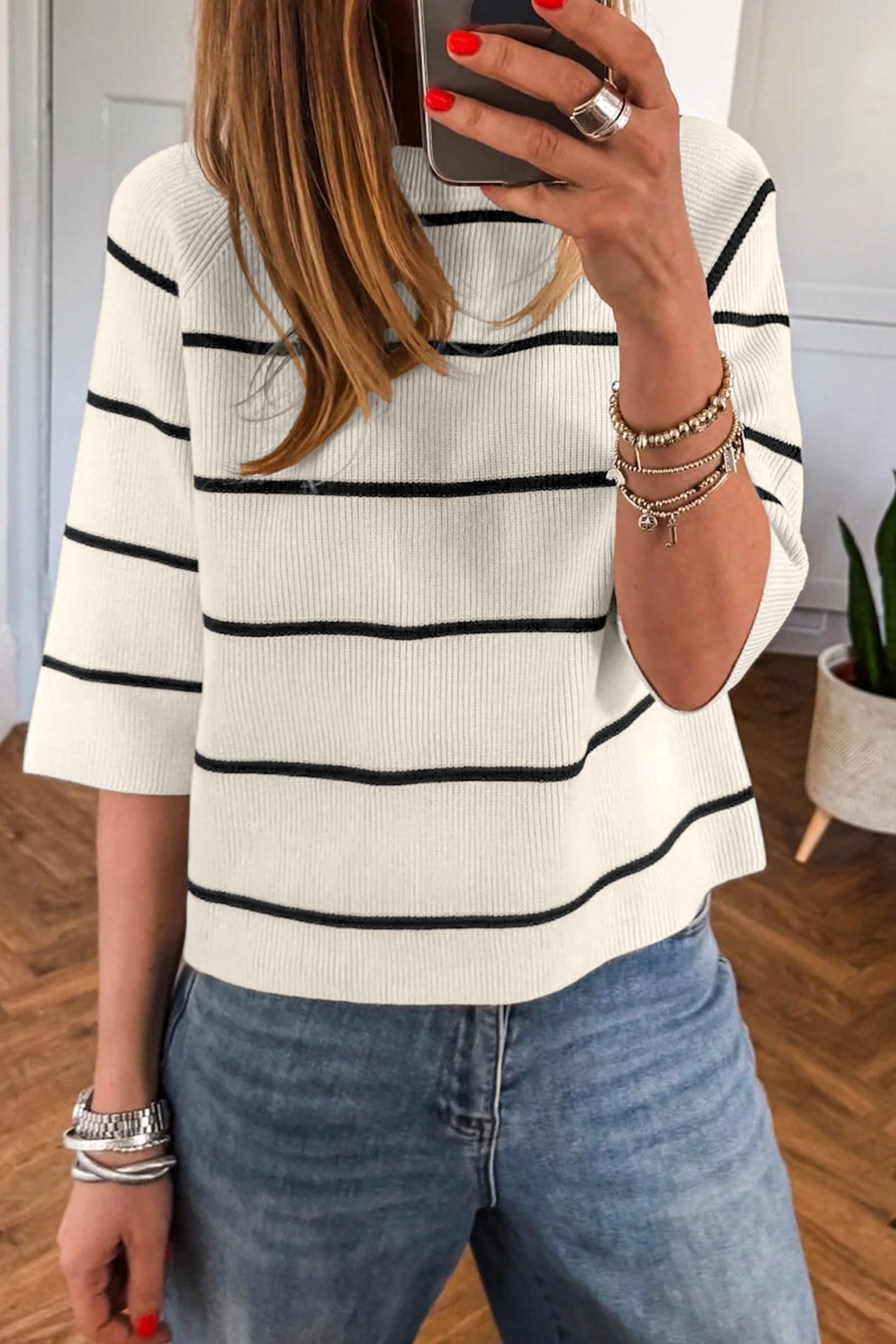Stripe Ribbed Knit 3/4 Sleeve Sweater Tee