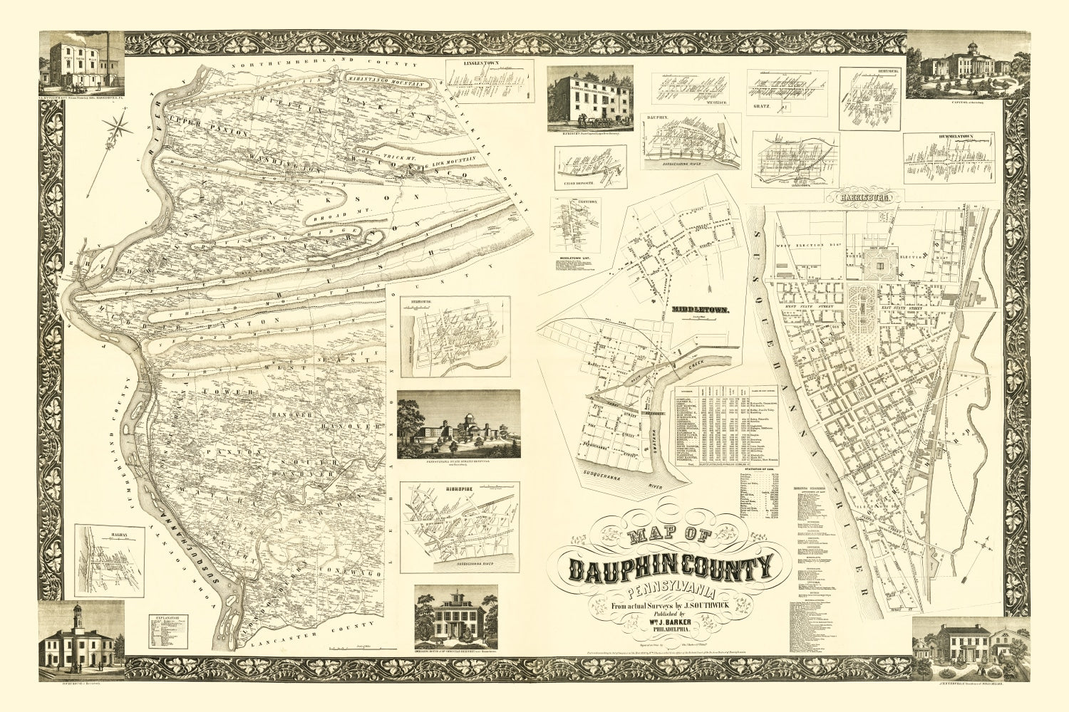 Vintage Map of Dauphin County, Pennsylvania 1858