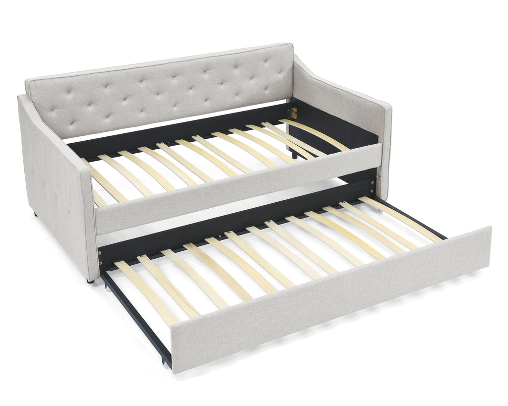 Twin Size Daybed with Twin Size Trundle Upholstered Tufted Sofa Bed,  Waved Shape Arms, Beige (80.5'x44.5'x33.5')