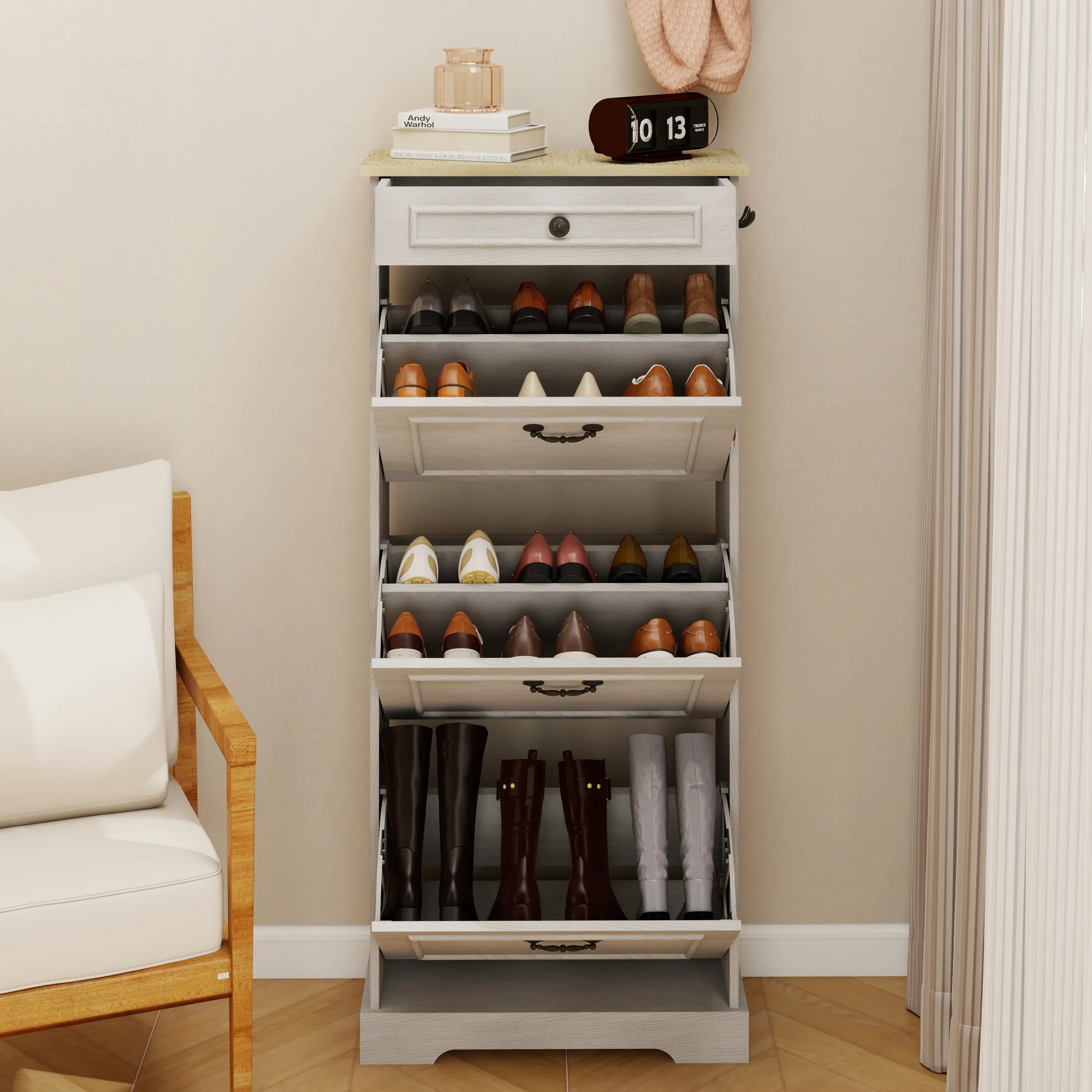 Shoe Storage Cabinet with 1 Drawer, 3 Flip Drawers, Freestanding Shoe Cabinet Organizer with Adjustable Shelf, Shoe Cabinet for Entryway, Foyer, Slim Shoe Cabinet-Antique White