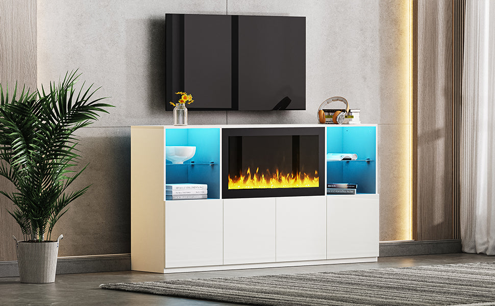 ON-TREND High Gloss TV Stand with 34.2' Non-heating Electric Fireplace, Modern Entertainment Center with LED Light, Media Console with Tempered Glass Shelves for TVs up to 75', Living Room, White