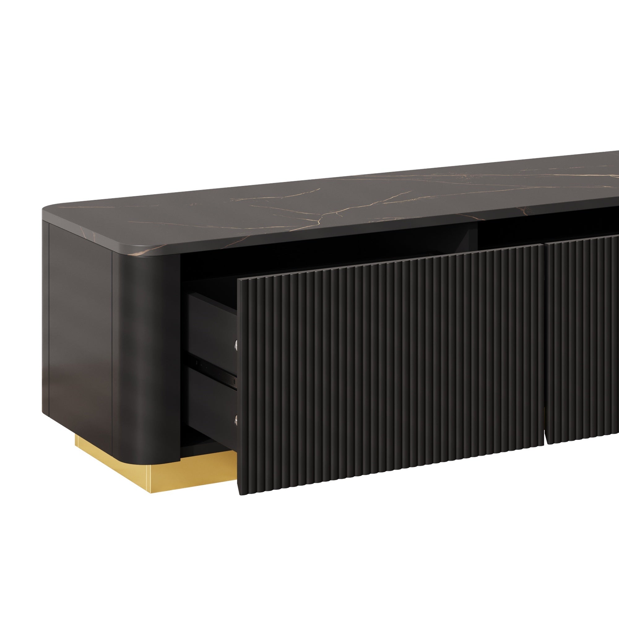 ON-TREND Luxury Fluted TV Stand for TVs Up to 85', Faux Marble Tabletop Media Console with 4 Drawers, Curved Profile Design, Modern Entertainment Center with Gold Base for Living Room, Black
