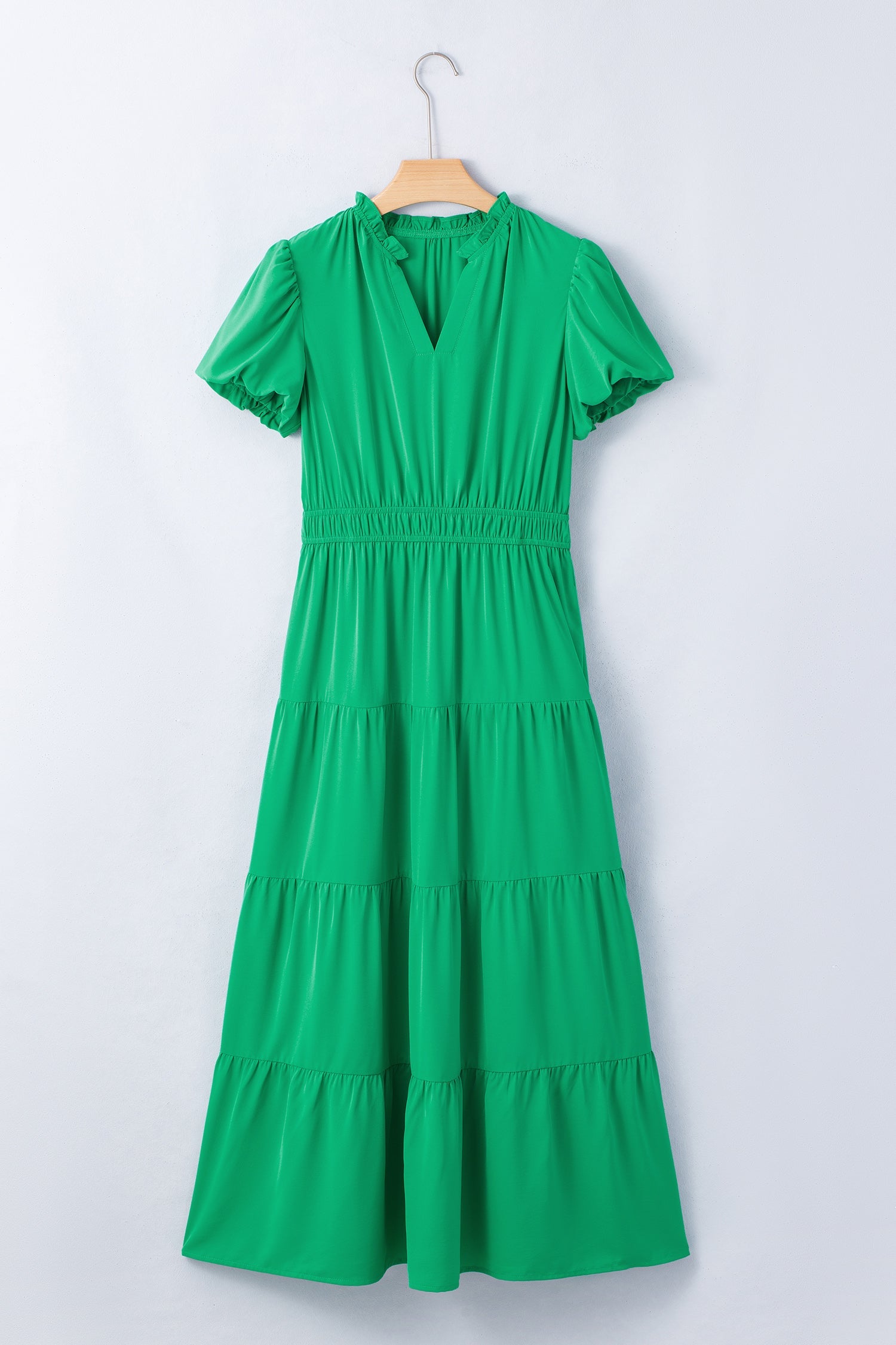 Solid V-Neck Short Puff Sleeve Tiered Maxi Dress