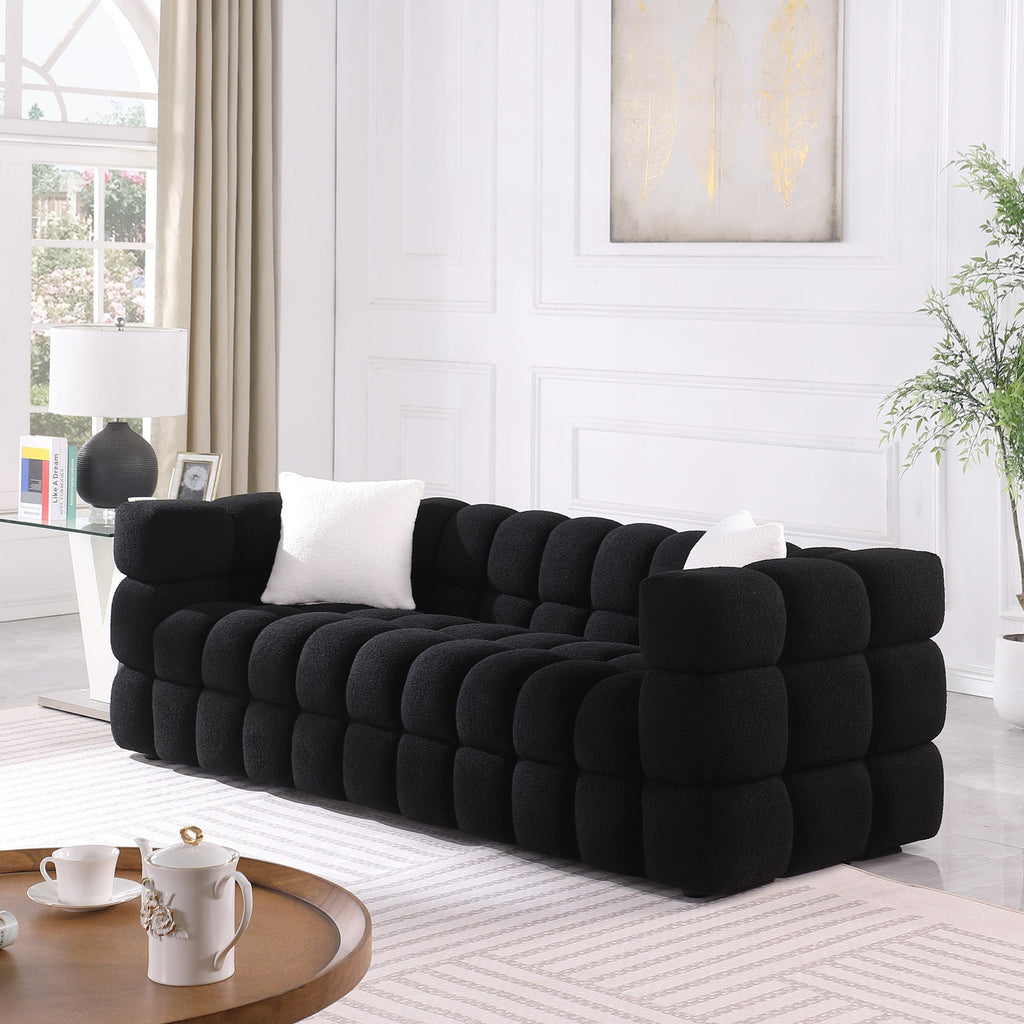 84.3 length ,35.83' deepth ,human body structure for USA people,  marshmallow sofa,boucle sofa ,black color,3 seater