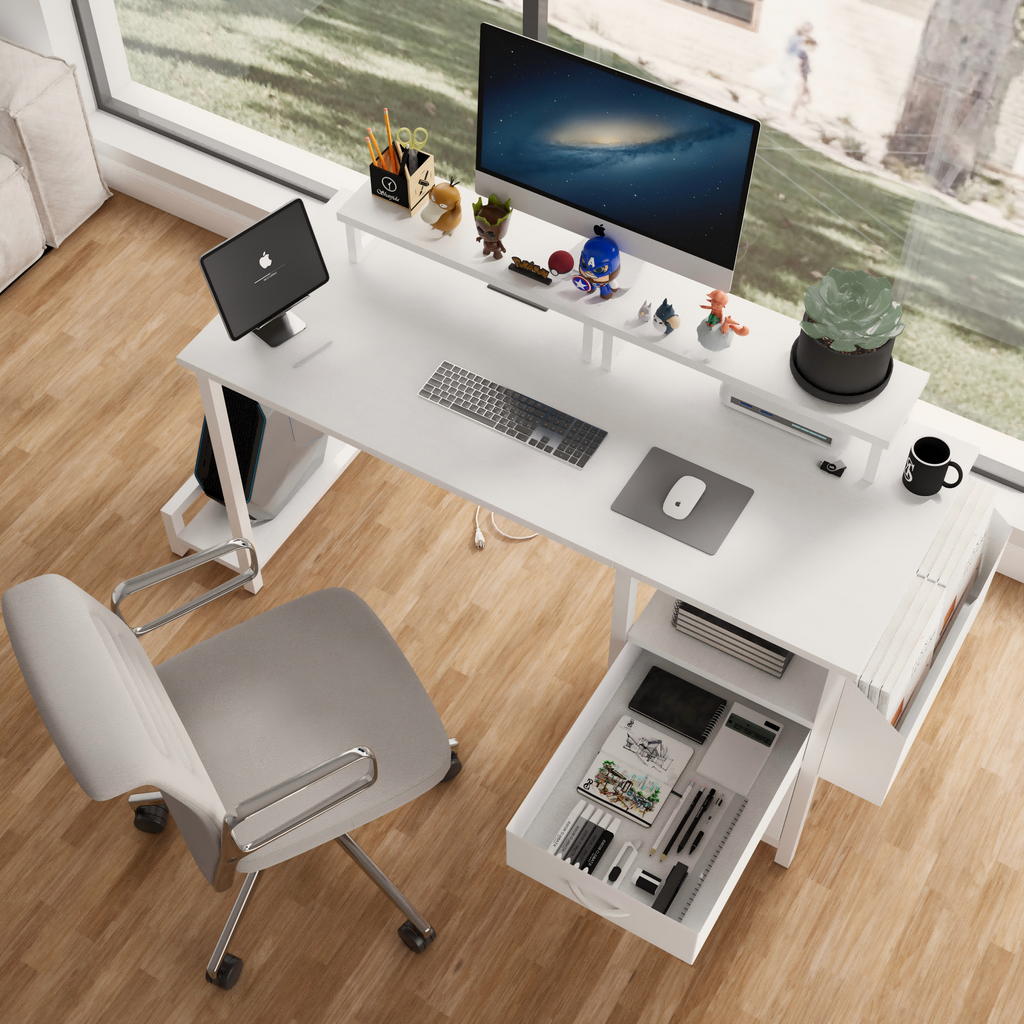 47.3'office desk with power outlet,2 Monitor Stands,2 drawers,Side Pocket,Easy to Assemble,Frame stability Reversible,use for home desk, computer desk, game table,White