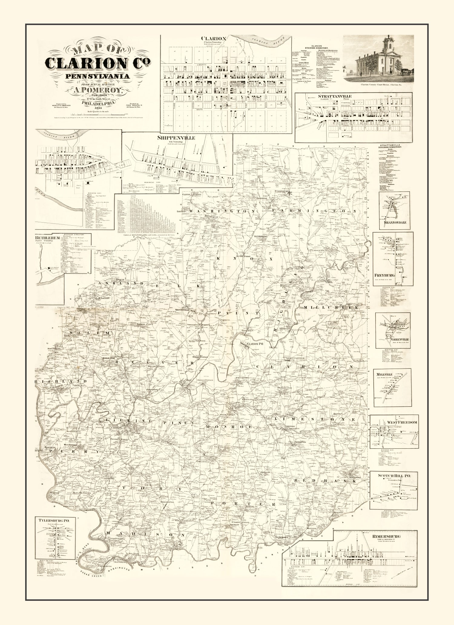 Vintage Map of Clarion County, Pennsylvania 1865