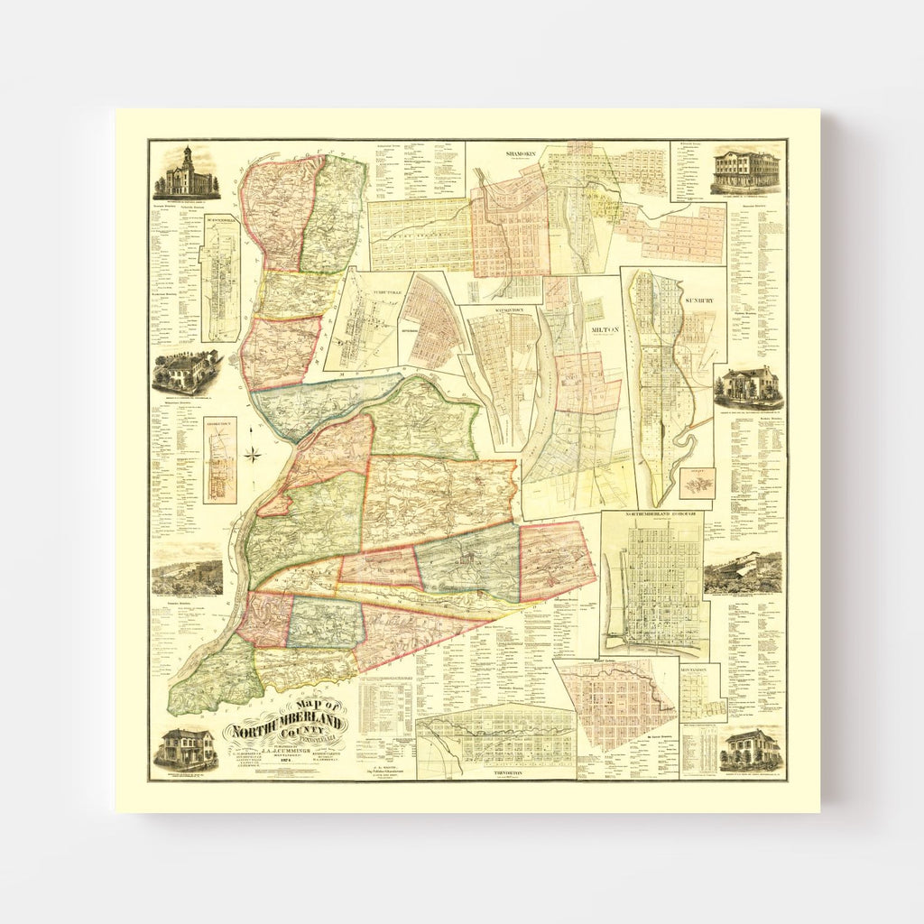 Vintage Map of Northumberland County, Pennsylvania 1874